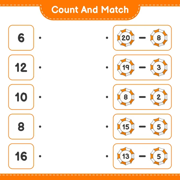カウントして一致し ビーチアンブレラの数をカウントし 適切な数と一致します 教育用子供ゲーム 印刷可能なワークシート ベクトルイラスト — ストックベクタ