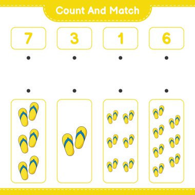 Say ve eşleştir, parmak arası terlik sayısını say ve doğru numaralarla eşleştir. Eğitimsel çocuk oyunu, yazdırılabilir çalışma tablosu, vektör illüstrasyonu
