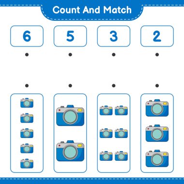 Say ve eşleştir, kamera sayısını say ve doğru sayılarla eşleştir. Eğitimsel çocuk oyunu, yazdırılabilir çalışma tablosu, vektör illüstrasyonu