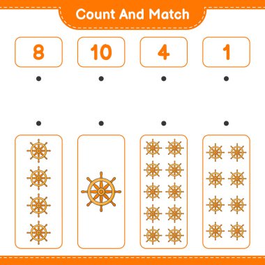 Say ve eşleştir, Ship Steering Wheel 'in sayısını say ve doğru numaralarla eşleştir. Eğitimsel çocuk oyunu, yazdırılabilir çalışma tablosu, vektör illüstrasyonu
