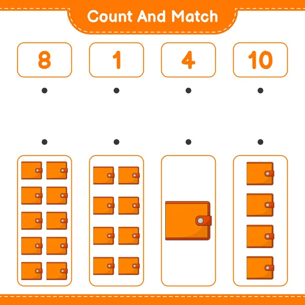 计数和匹配 计数钱包的数量和匹配的正确数字 教育儿童游戏 可打印工作表 矢量图解 — 图库矢量图片