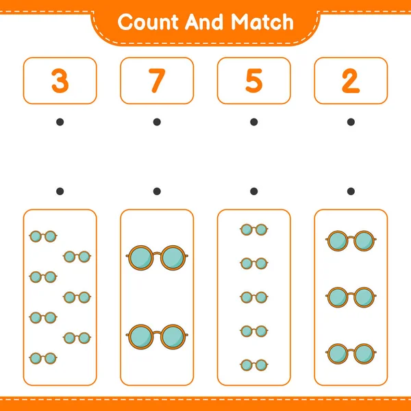 计数和匹配 计数太阳镜的数量 并与正确的数字匹配 教育儿童游戏 可打印工作表 矢量图解 — 图库矢量图片