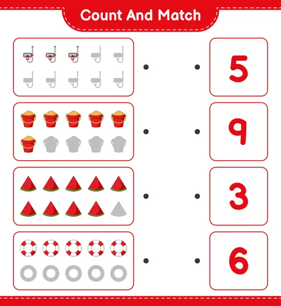 Zählen Und Übereinstimmen Zählen Sie Die Anzahl Von Tauchermaske Sandeimer — Stockvektor
