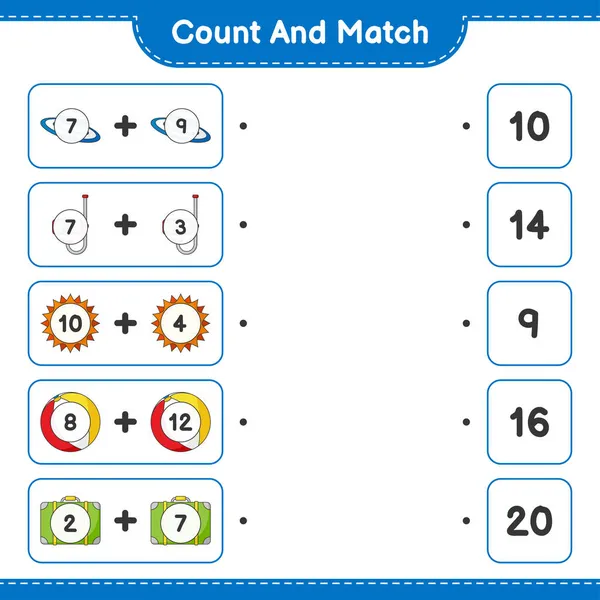Contare Abbinare Contare Numero Sole Palla Bagagli Cappello Maschera Partita — Vettoriale Stock