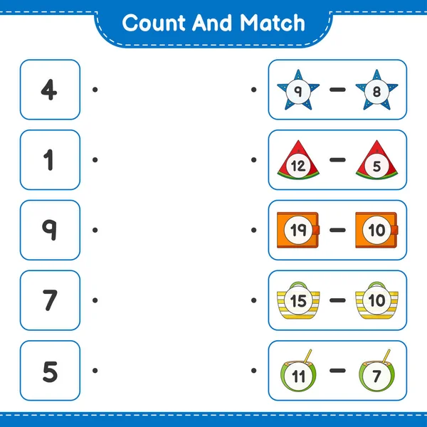 计数和匹配 计数椰子 袋子的数量 并与正确的数字匹配 教育儿童游戏 可打印工作表 矢量图解 — 图库矢量图片