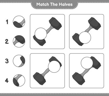 Yarıları eşleştir. Dumbbell 'in kibrit yarıları. Eğitimsel çocuk oyunu, yazdırılabilir çalışma tablosu, vektör illüstrasyonu