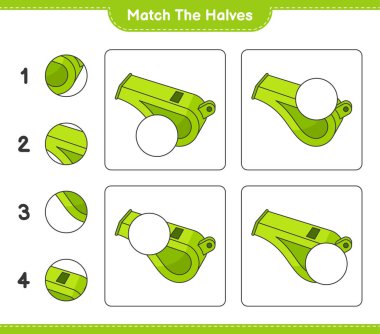 Yarıları eşleştir. Islık 'ın kibrit yarıları. Eğitimsel çocuk oyunu, yazdırılabilir çalışma tablosu, vektör illüstrasyonu