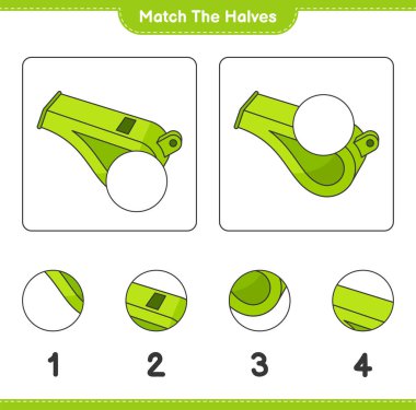 Yarıları eşleştir. Islık 'ın kibrit yarıları. Eğitimsel çocuk oyunu, yazdırılabilir çalışma tablosu, vektör illüstrasyonu