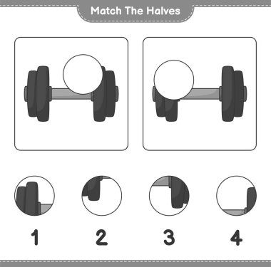 Yarıları eşleştir. Dumbbell 'in kibrit yarıları. Eğitimsel çocuk oyunu, yazdırılabilir çalışma tablosu, vektör illüstrasyonu