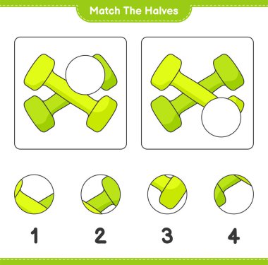 Yarıları eşleştir. Dumbbell 'in kibrit yarıları. Eğitimsel çocuk oyunu, yazdırılabilir çalışma tablosu, vektör illüstrasyonu
