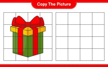 Resmi kopyala, hediye kutusunun ızgara hatlarını kullanarak resmini kopyala. Eğitimsel çocuk oyunu, yazdırılabilir çalışma tablosu, vektör illüstrasyonu