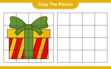 Resmi kopyala, hediye kutusunun ızgara hatlarını kullanarak resmini kopyala. Eğitimsel çocuk oyunu, yazdırılabilir çalışma tablosu, vektör illüstrasyonu