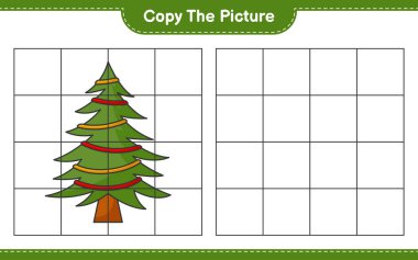 Resmi kopyala, Noel Ağacı 'nın şebeke hatlarını kullanarak fotoğrafını kopyala. Eğitimsel çocuk oyunu, yazdırılabilir çalışma tablosu, vektör illüstrasyonu