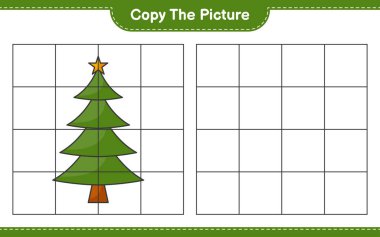 Resmi kopyala, Noel Ağacı 'nın şebeke hatlarını kullanarak fotoğrafını kopyala. Eğitimsel çocuk oyunu, yazdırılabilir çalışma tablosu, vektör illüstrasyonu