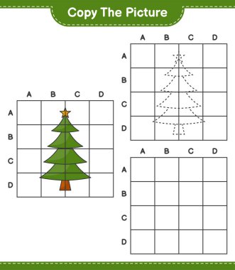 Resmi kopyala, Noel Ağacı 'nın şebeke hatlarını kullanarak fotoğrafını kopyala. Eğitimsel çocuk oyunu, yazdırılabilir çalışma tablosu, vektör illüstrasyonu