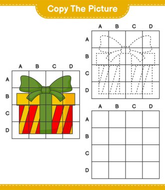 Resmi kopyala, hediye kutusunun ızgara hatlarını kullanarak resmini kopyala. Eğitimsel çocuk oyunu, yazdırılabilir çalışma tablosu, vektör illüstrasyonu
