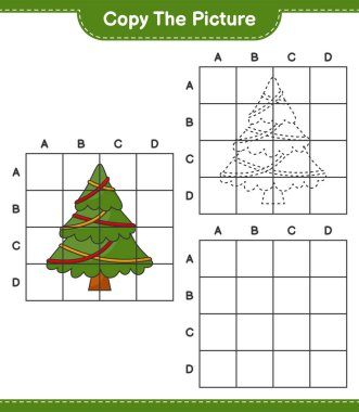 Resmi kopyala, Noel Ağacı 'nın şebeke hatlarını kullanarak fotoğrafını kopyala. Eğitimsel çocuk oyunu, yazdırılabilir çalışma tablosu, vektör illüstrasyonu
