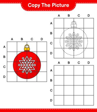 Resmi kopyala, Noel Balosu 'nun şebeke hatlarını kullanarak fotoğrafını kopyala. Eğitimsel çocuk oyunu, yazdırılabilir çalışma tablosu, vektör illüstrasyonu