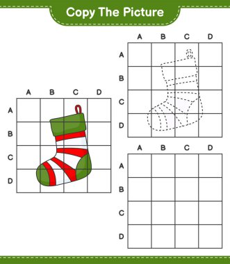 Resmi kopyala, Noel Çorabı 'nın şebeke hatlarını kullanarak fotoğrafını kopyala. Eğitimsel çocuk oyunu, yazdırılabilir çalışma tablosu, vektör illüstrasyonu