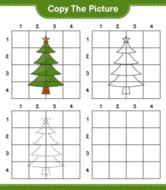 Resmi kopyala, Noel Ağacı 'nın şebeke hatlarını kullanarak fotoğrafını kopyala. Eğitimsel çocuk oyunu, yazdırılabilir çalışma tablosu, vektör illüstrasyonu