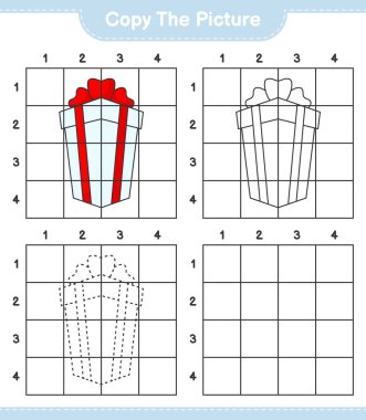 Resmi kopyala, hediye kutusunun ızgara hatlarını kullanarak resmini kopyala. Eğitimsel çocuk oyunu, yazdırılabilir çalışma tablosu, vektör illüstrasyonu