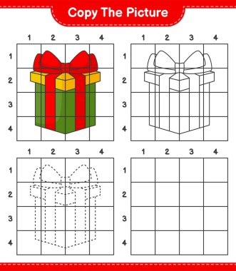 Resmi kopyala, hediye kutusunun ızgara hatlarını kullanarak resmini kopyala. Eğitimsel çocuk oyunu, yazdırılabilir çalışma tablosu, vektör illüstrasyonu