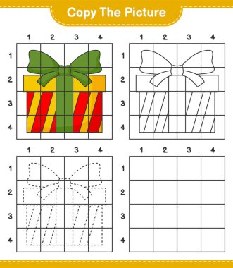 Resmi kopyala, hediye kutusunun ızgara hatlarını kullanarak resmini kopyala. Eğitimsel çocuk oyunu, yazdırılabilir çalışma tablosu, vektör illüstrasyonu