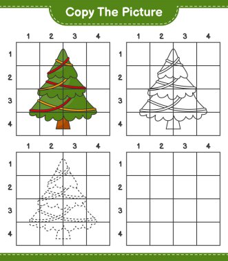 Resmi kopyala, Noel Ağacı 'nın şebeke hatlarını kullanarak fotoğrafını kopyala. Eğitimsel çocuk oyunu, yazdırılabilir çalışma tablosu, vektör illüstrasyonu