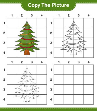 Resmi kopyala, Noel Ağacı 'nın şebeke hatlarını kullanarak fotoğrafını kopyala. Eğitimsel çocuk oyunu, yazdırılabilir çalışma tablosu, vektör illüstrasyonu
