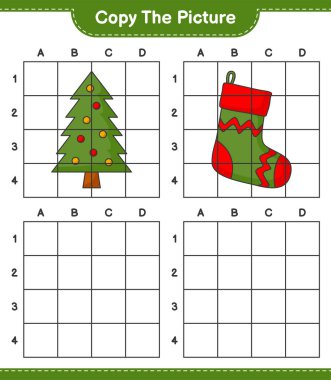 Resmi kopyala, Noel Ağacı ve Noel Çorabı 'nın şebeke hatlarını kullanarak fotoğrafını çek. Eğitimsel çocuk oyunu, yazdırılabilir çalışma tablosu, vektör illüstrasyonu