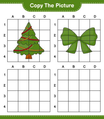 Resmi kopyala, Noel Ağacı ve Kurdele 'nin şebeke hatlarını kullanarak fotoğrafını kopyala. Eğitimsel çocuk oyunu, yazdırılabilir çalışma tablosu, vektör illüstrasyonu
