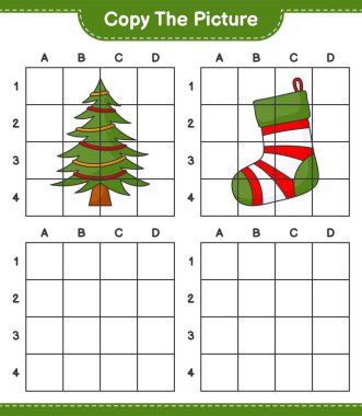 Resmi kopyala, Noel Ağacı ve Noel Çorabı 'nın şebeke hatlarını kullanarak fotoğrafını çek. Eğitimsel çocuk oyunu, yazdırılabilir çalışma tablosu, vektör illüstrasyonu