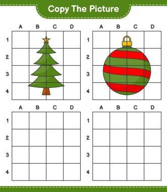 Resmi kopyala, Noel Ağacı ve Noel Balosu 'nun şebeke hatlarını kullanarak fotoğrafını kopyala. Eğitimsel çocuk oyunu, yazdırılabilir çalışma tablosu, vektör illüstrasyonu