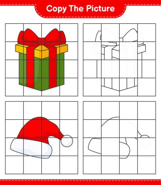 Resmi kopyala, Noel Baba Şapka ve Hediye Kutusu 'nun şebeke hatlarını kullanarak fotoğrafını kopyala. Eğitimsel çocuk oyunu, yazdırılabilir çalışma tablosu, vektör illüstrasyonu