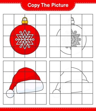 Resmi kopyala, Noel Balosu ve Noel Şapkası 'nın şebeke hatlarını kullanarak fotoğrafını kopyala. Eğitimsel çocuk oyunu, yazdırılabilir çalışma tablosu, vektör illüstrasyonu