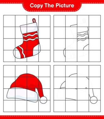 Resmi kopyala, Noel Baba Şapkası ve Noel Çorabı 'nın şebeke hatlarını kullanarak fotoğrafını çek. Eğitimsel çocuk oyunu, yazdırılabilir çalışma tablosu, vektör illüstrasyonu