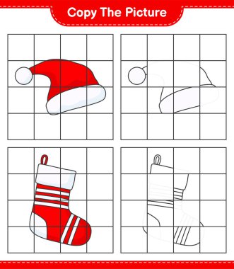 Resmi kopyala, Noel Baba Şapkası ve Noel Çorabı 'nın şebeke hatlarını kullanarak fotoğrafını çek. Eğitimsel çocuk oyunu, yazdırılabilir çalışma tablosu, vektör illüstrasyonu