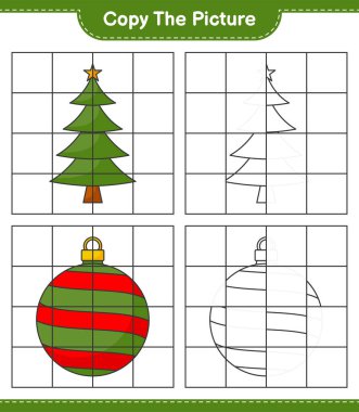 Resmi kopyala, Noel Ağacı ve Noel Balosu 'nun şebeke hatlarını kullanarak fotoğrafını kopyala. Eğitimsel çocuk oyunu, yazdırılabilir çalışma tablosu, vektör illüstrasyonu