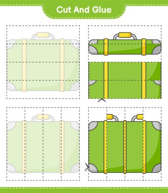 Kes ve yapıştır, bavulun parçalarını kes ve yapıştır. Eğitimsel çocuk oyunu, yazdırılabilir çalışma tablosu, vektör illüstrasyonu