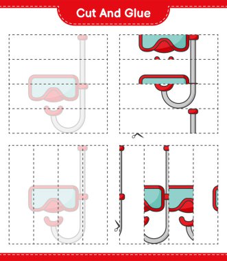Kes ve yapıştır, Scuba Dalış Maskesi 'nin parçalarını kes ve yapıştır. Eğitimsel çocuk oyunu, yazdırılabilir çalışma tablosu, vektör illüstrasyonu