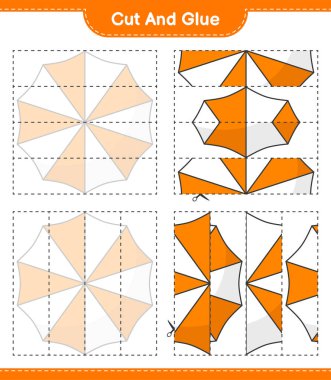 Kes ve yapıştır, Plaj Şemsiyesi 'nin parçalarını kes ve yapıştır. Eğitimsel çocuk oyunu, yazdırılabilir çalışma tablosu, vektör illüstrasyonu