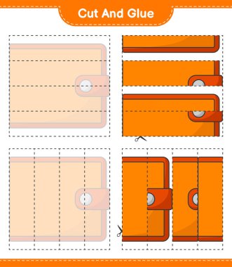 Kes ve yapıştır, Cüzdanın parçalarını kes ve yapıştır. Eğitimsel çocuk oyunu, yazdırılabilir çalışma tablosu, vektör illüstrasyonu