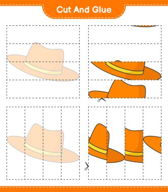 Kes ve yapıştır, Summer Hat 'in parçalarını kes ve yapıştır. Eğitimsel çocuk oyunu, yazdırılabilir çalışma tablosu, vektör illüstrasyonu