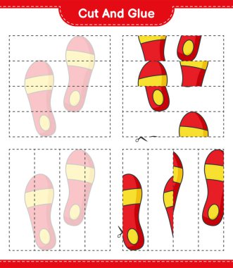 Kes ve yapıştır, parmak arası terliğin parçalarını kes ve yapıştır. Eğitimsel çocuk oyunu, yazdırılabilir çalışma tablosu, vektör illüstrasyonu