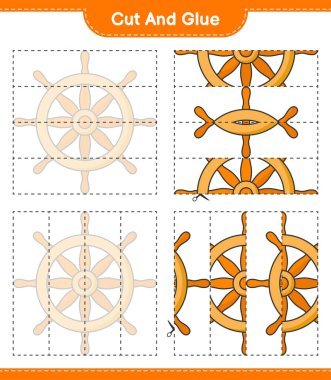 Kes ve yapıştır, Gemi Direksiyonunun parçalarını kes ve yapıştır. Eğitimsel çocuk oyunu, yazdırılabilir çalışma tablosu, vektör illüstrasyonu