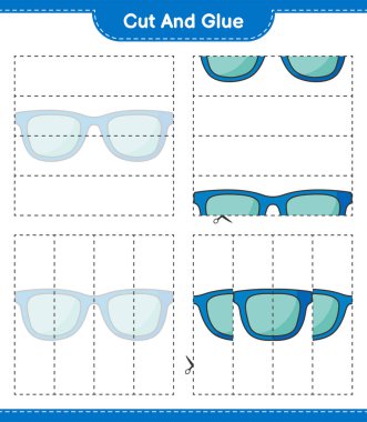 Kes ve yapıştır, güneş gözlüğünün parçalarını kes ve yapıştır. Eğitimsel çocuk oyunu, yazdırılabilir çalışma tablosu, vektör illüstrasyonu
