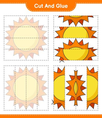 Kes ve yapıştır, Güneş 'in parçalarını kes ve yapıştır. Eğitimsel çocuk oyunu, yazdırılabilir çalışma tablosu, vektör illüstrasyonu