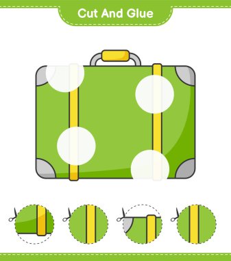Kes ve yapıştır, bavulun parçalarını kes ve yapıştır. Eğitimsel çocuk oyunu, yazdırılabilir çalışma tablosu, vektör illüstrasyonu
