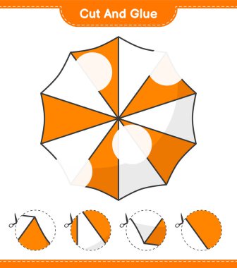 Kes ve yapıştır, Plaj Şemsiyesi 'nin parçalarını kes ve yapıştır. Eğitimsel çocuk oyunu, yazdırılabilir çalışma tablosu, vektör illüstrasyonu