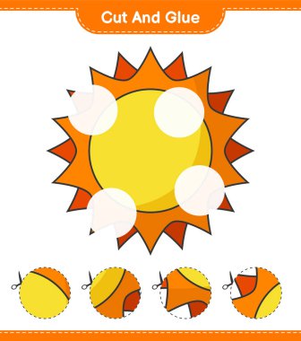 Kes ve yapıştır, Güneş 'in parçalarını kes ve yapıştır. Eğitimsel çocuk oyunu, yazdırılabilir çalışma tablosu, vektör illüstrasyonu